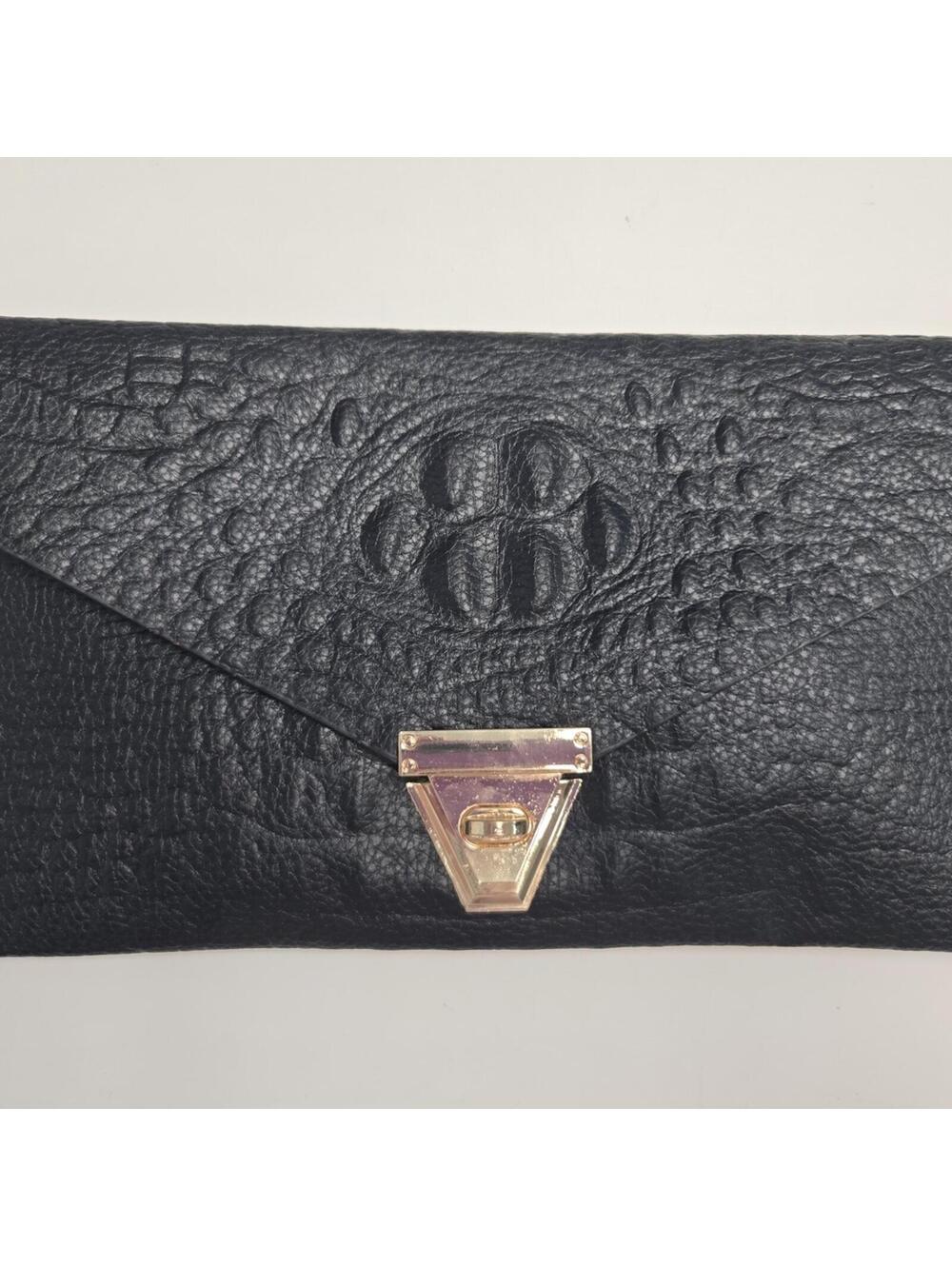 Black Faux Crocodile Leather Envelope Clutch with Strap